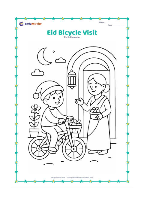 Colouring page: A child in festive clothing rides a decorated bicycle toward a relative waiting outside an Indian home, carrying a small gift basket. Show a doorway, flowering plant, lantern, and…