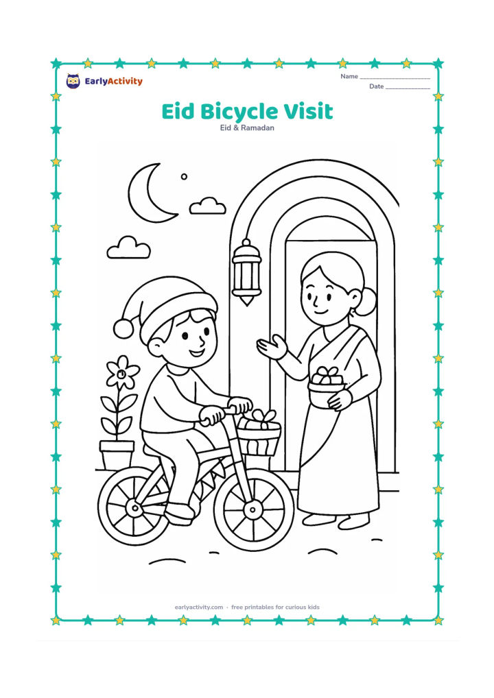 Colouring page: A child in festive clothing rides a decorated bicycle toward a relative waiting outside an Indian home, carrying a small gift basket. Show a doorway, flowering plant, lantern, and…