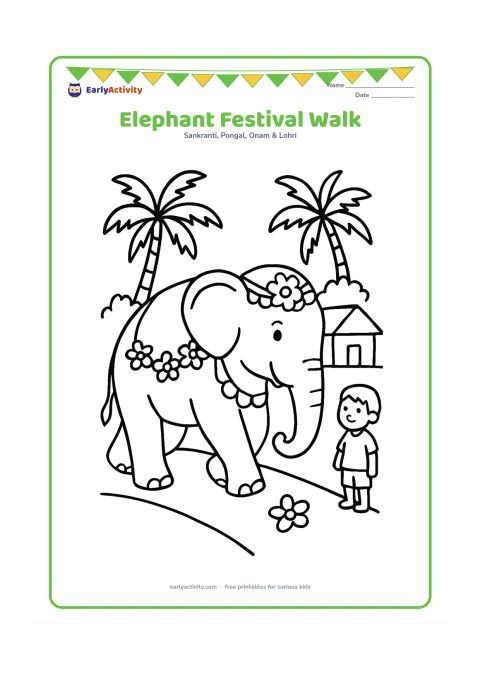 Colouring page: Draw a friendly decorated elephant walking slowly along a Kerala village path, with one flower garland and a child watching from the side. Add coconut palms and a simple home.