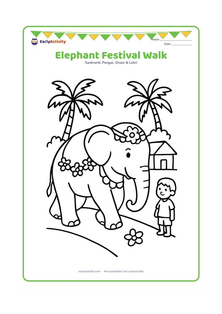 Colouring page: Draw a friendly decorated elephant walking slowly along a Kerala village path, with one flower garland and a child watching from the side. Add coconut palms and a simple home.