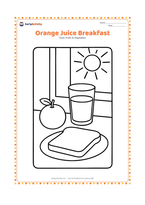 Colouring page: Draw a breakfast table with a glass of orange juice, a whole orange, toast and a small plate. Include a window behind the table with simple morning sun rays.