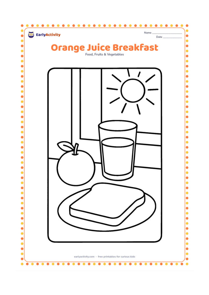 Colouring page: Draw a breakfast table with a glass of orange juice, a whole orange, toast and a small plate. Include a window behind the table with simple morning sun rays.