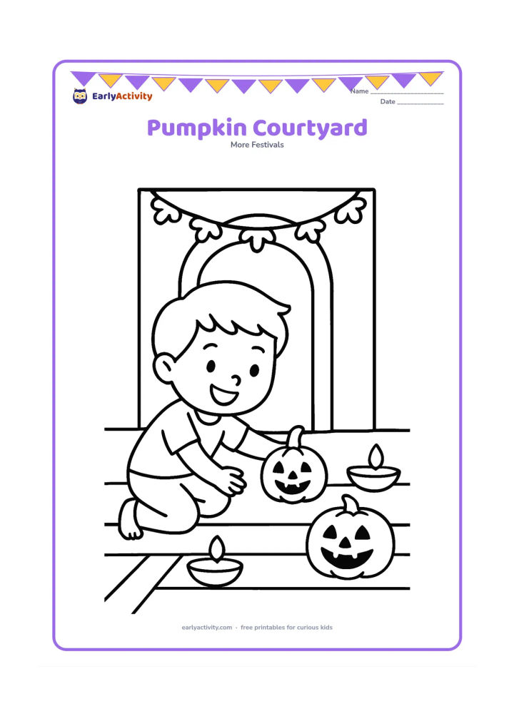 Colouring page: Draw a happy child placing small decorated pumpkins along a simple Indian home courtyard entrance, with broad floor patterns, a flower garland, and two unlit clay lamps. Include no…
