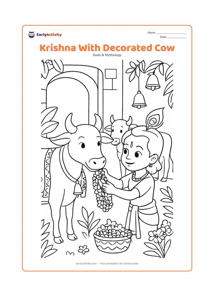 Colouring page: Baby Krishna gently places a flower garland on a decorated cow beside a village doorway, with another cow, hanging bells, leafy plants and flower baskets nearby. Keep the interaction…