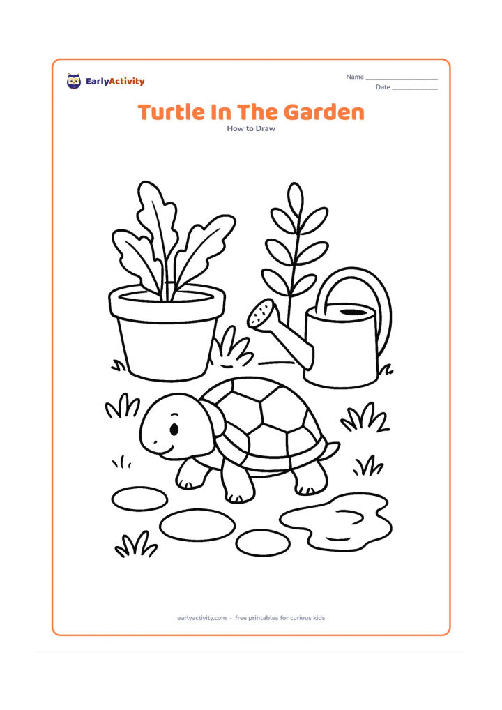 Worksheet: Draw a pond turtle exploring a home garden beside a low clay plant pot and a watering can. Include leafy plants, a simple stepping-stone path and a small puddle.