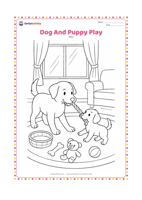 Colouring page: Draw a larger dog gently playing tug with a puppy using a rope toy in a living room. Add a rug, sofa, pet basket, scattered soft toys, and a window with curtains.