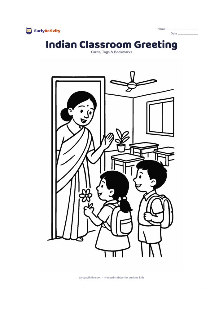 Worksheet: A teacher in a sari stands at the doorway of an Indian classroom while two children present a flower, with desks, a ceiling fan and a potted plant in the background. Leave a broad blank…