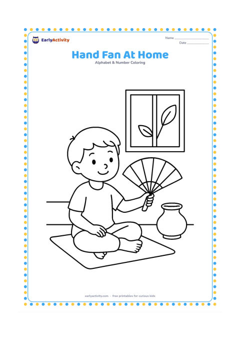 Colouring page: Draw a child sitting on a floor mat and holding a broad hand fan, with a low stool, a water pot and an open window showing two leaves outside. Show the fan angled toward the child.
