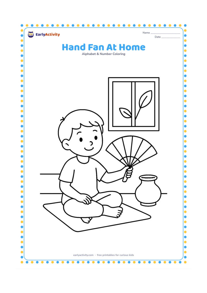 Colouring page: Draw a child sitting on a floor mat and holding a broad hand fan, with a low stool, a water pot and an open window showing two leaves outside. Show the fan angled toward the child.