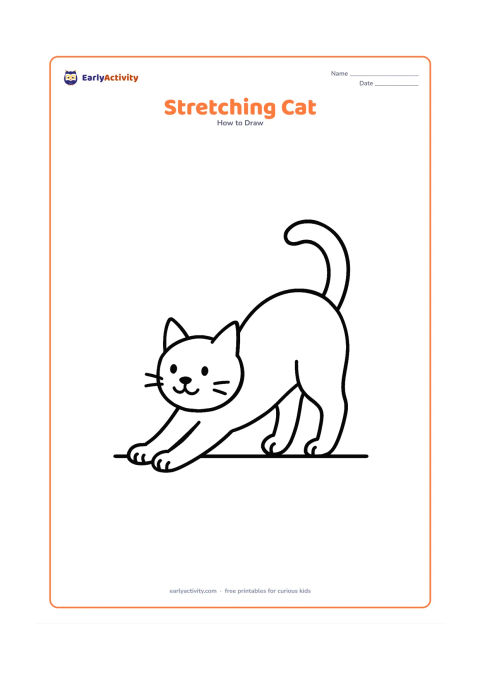 Worksheet: Draw a cat stretching forward with front paws extended, a raised rounded back, hind legs behind, upright ears, and a curved tail. Place the cat on a simple floor line.