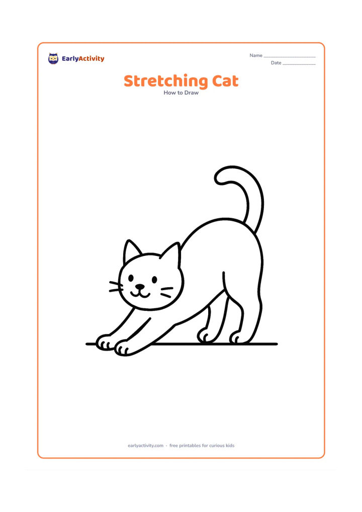 Worksheet: Draw a cat stretching forward with front paws extended, a raised rounded back, hind legs behind, upright ears, and a curved tail. Place the cat on a simple floor line.