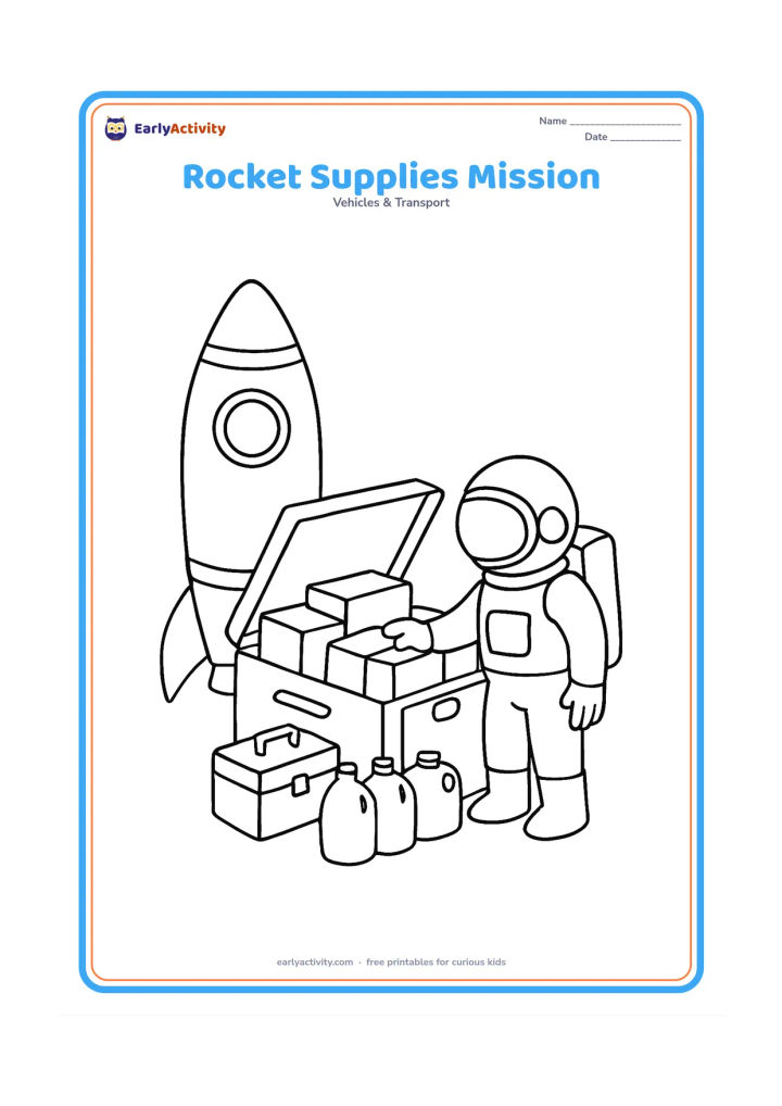 Colouring page: Draw a cargo rocket beside an open supply capsule containing large simple packages, water containers and a toolbox, with an astronaut checking the load.