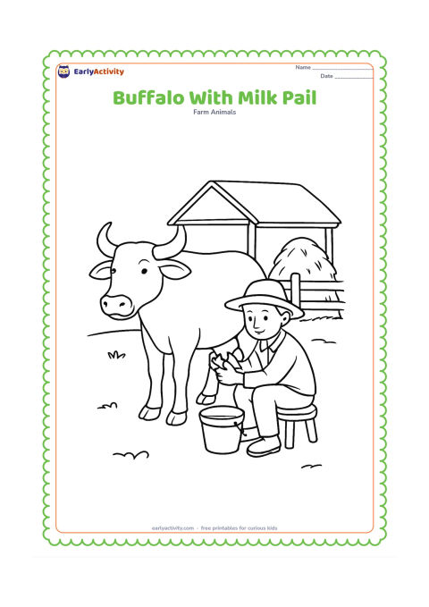 Colouring page: Draw a calm buffalo standing beside a farmer seated on a low stool with a pail nearby, suggesting a milking scene without showing complicated detail. Add a shaded farm shelter, a hay…