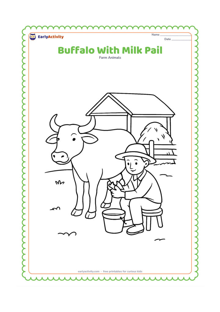 Colouring page: Draw a calm buffalo standing beside a farmer seated on a low stool with a pail nearby, suggesting a milking scene without showing complicated detail. Add a shaded farm shelter, a hay…