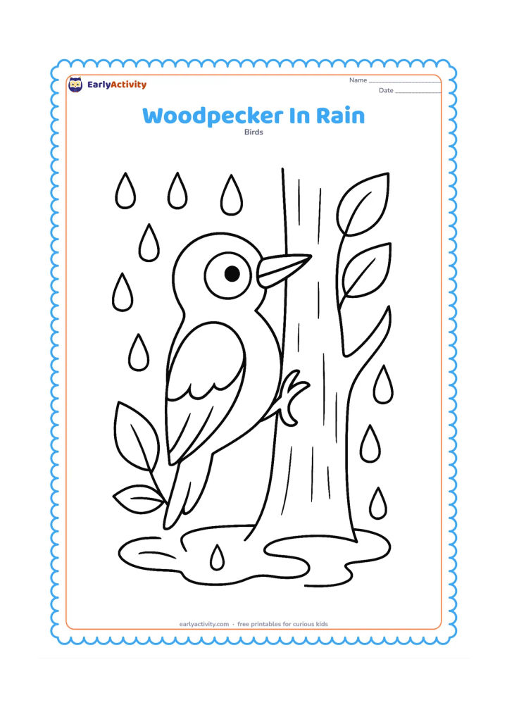 Colouring page: A woodpecker clings to a tree trunk during a gentle shower, with large raindrops, a small puddle and broad leaves around it. The bird should look calm and friendly.