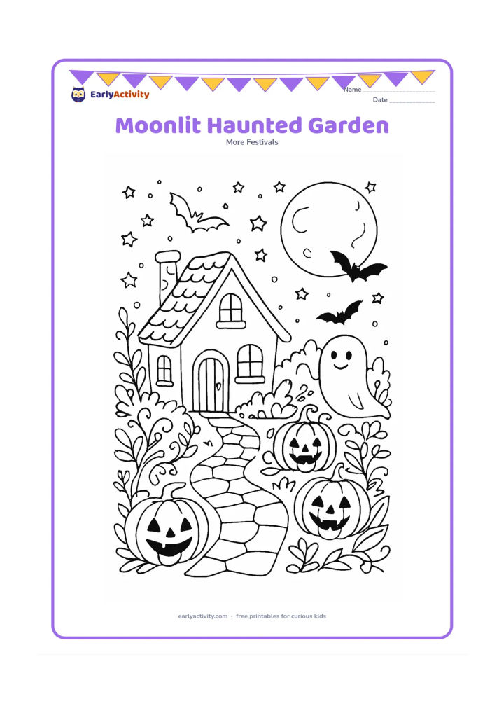 Colouring page: Draw a detailed garden at night with a small friendly haunted cottage, winding stone path, carved pumpkins, curling vines, bats, a large moon, and many stars. Include a smiling ghost…