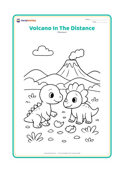 Colouring page: Draw two hatchlings meeting on a rocky plain while a small, non-threatening volcano rises far behind them. Add scattered eggshell pieces, low plants and rounded hills.