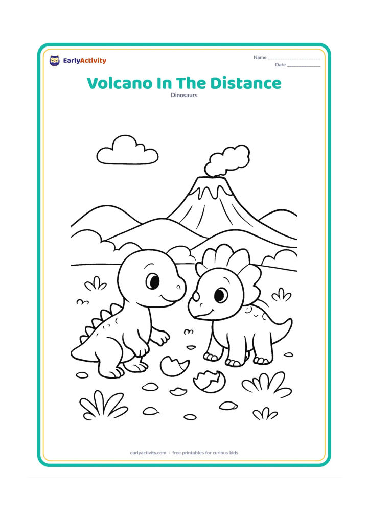 Colouring page: Draw two hatchlings meeting on a rocky plain while a small, non-threatening volcano rises far behind them. Add scattered eggshell pieces, low plants and rounded hills.
