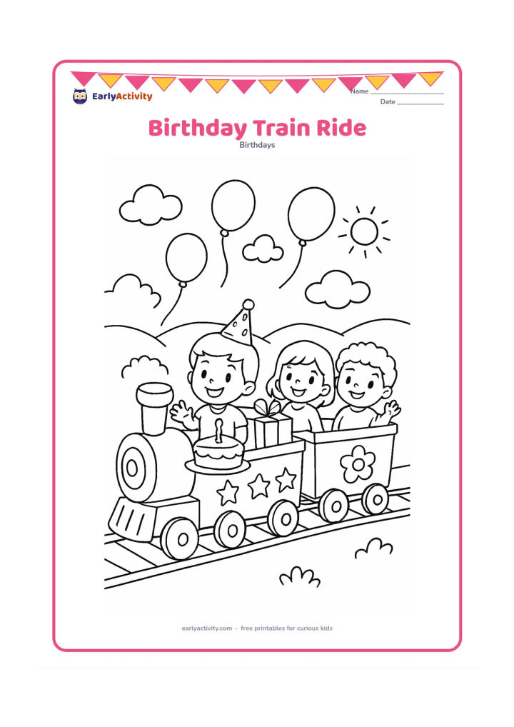 Colouring page: A child celebrates inside a small decorated toy train carriage with a cake and present, while two friends wave from the next carriage. Add balloons, clouds, and a simple countryside track.