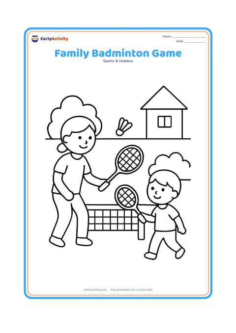 Colouring page: Draw an adult and child playing badminton across a net in a garden, with one racket each and a shuttlecock between them. Add two bushes and a simple house shape in the distance.