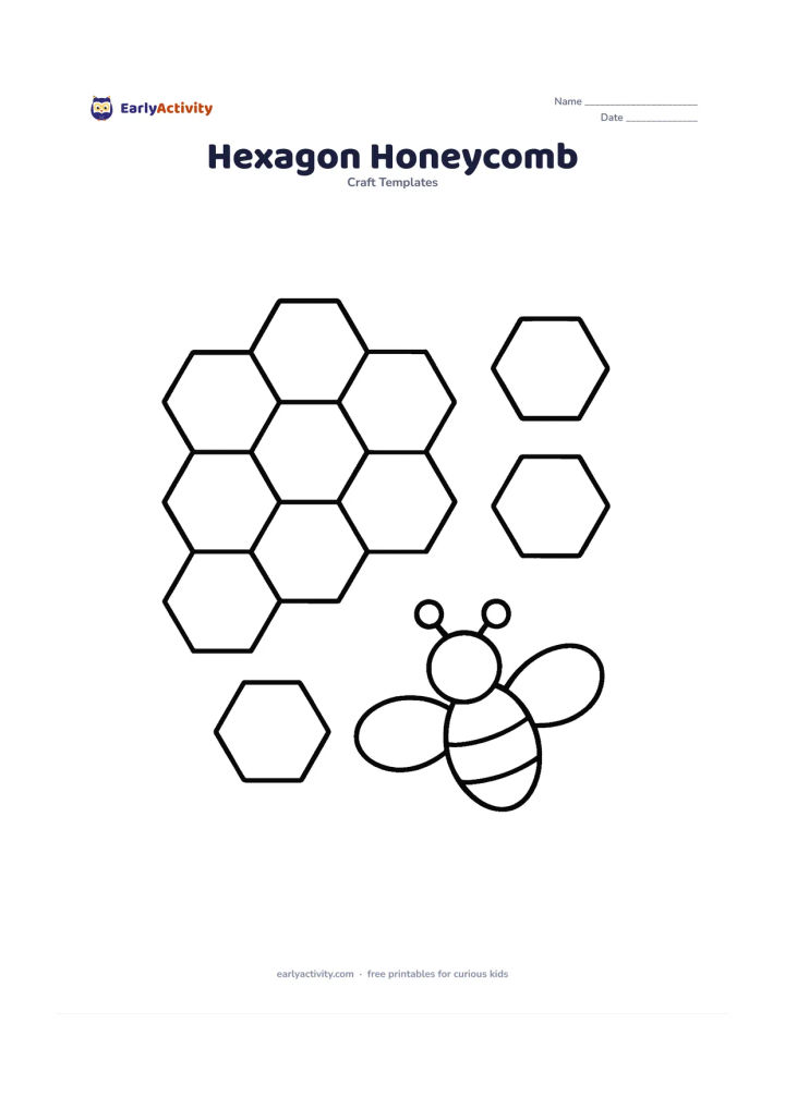 Worksheet: Show a group of large connected and separate hexagon outlines forming a honeycomb pattern, with a few loose hexagons beside it. Include one simple bee-shaped arrangement made from an…