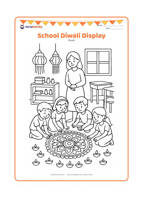 Colouring page: Four children work together on a classroom floor display featuring a large rangoli, paper lanterns and rows of unlit diyas, while a teacher observes. Include desks pushed aside, a window…