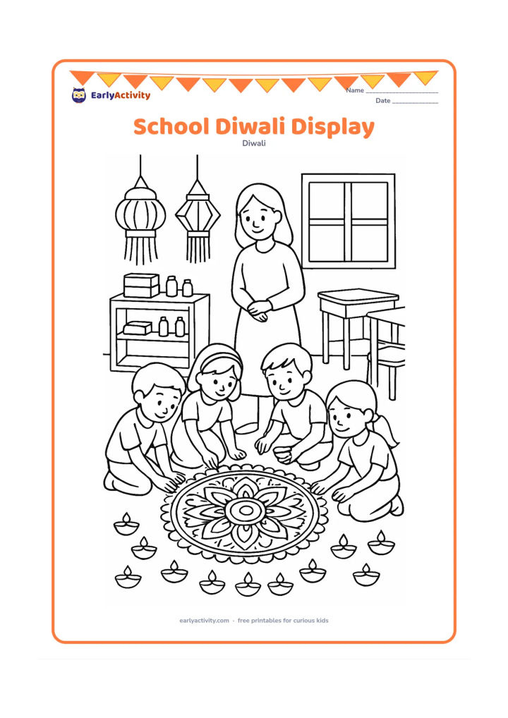Colouring page: Four children work together on a classroom floor display featuring a large rangoli, paper lanterns and rows of unlit diyas, while a teacher observes. Include desks pushed aside, a window…