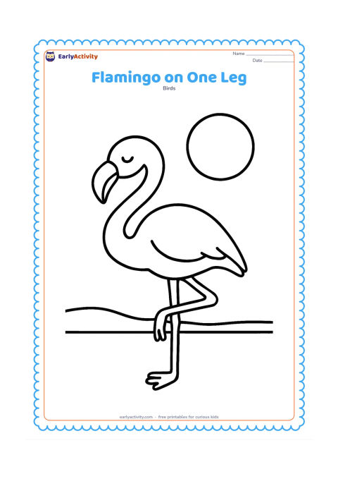 Colouring page: Draw a calm flamingo balancing on one leg, with the other leg folded beneath its body and its neck curved into a soft S shape. Add only a low shoreline and a large sun.