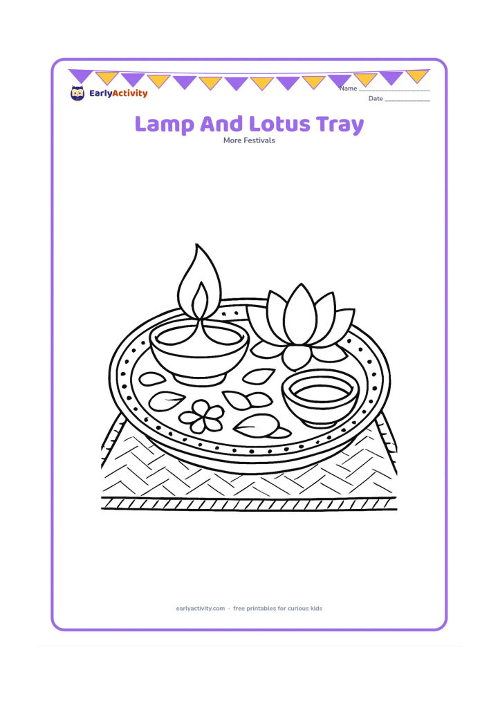 Colouring page: A decorated festival tray holds an oil lamp, a lotus flower, flower petals and a small bowl of water. Place the tray on a woven mat with a few simple border patterns.