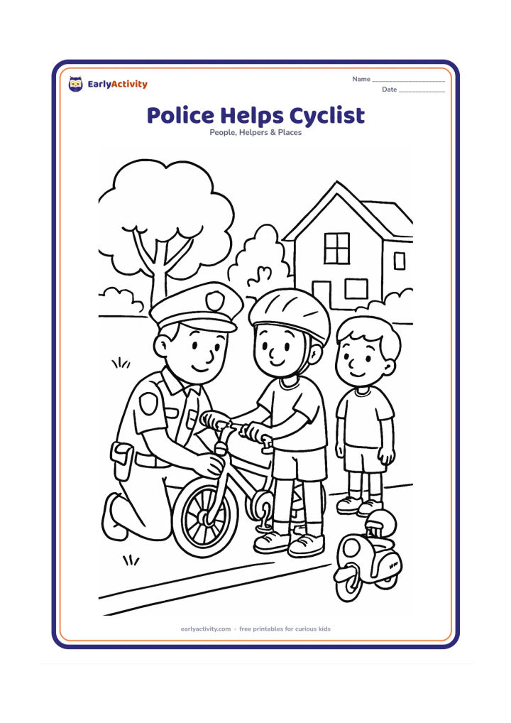 Colouring page: A police officer helps a child adjust a bicycle beside a neighbourhood lane, while another child waits safely nearby. Include a roadside tree, houses, a helmet and a small police…