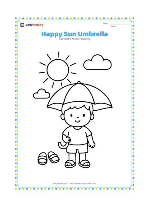 Colouring page: Draw a child holding an open umbrella for shade beneath a large sun, with two simple clouds and a few sandals nearby. Keep the child and umbrella large in the centre.