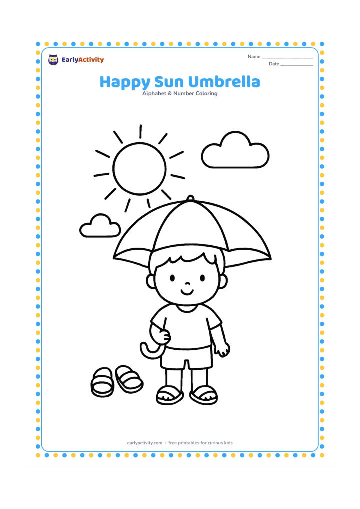 Colouring page: Draw a child holding an open umbrella for shade beneath a large sun, with two simple clouds and a few sandals nearby. Keep the child and umbrella large in the centre.