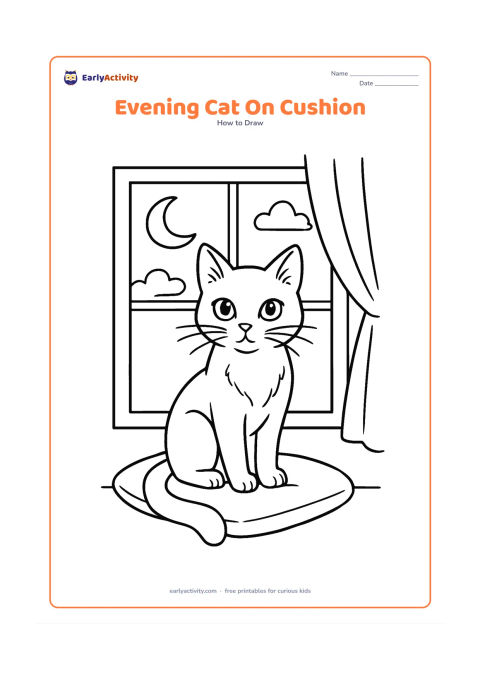 Worksheet: Draw a detailed cat sitting upright on a cushion near an open window at evening, with pointed ears, reflective-looking large eyes, a long tail beside the body, and visible chest fur.…