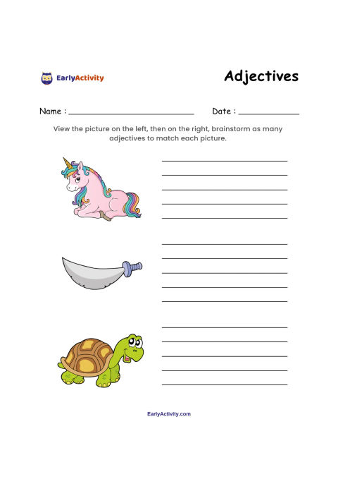 Worksheet with pictures of a unicorn, a crescent-shaped object and a turtle, with lines for writing adjectives beside each picture.