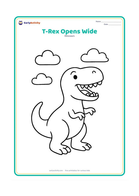 Colouring page: A smiling T-Rex raises its head and opens its mouth in a gentle roar, with clear rounded teeth, short arms, strong legs, and a long tail. Place three simple clouds behind it.