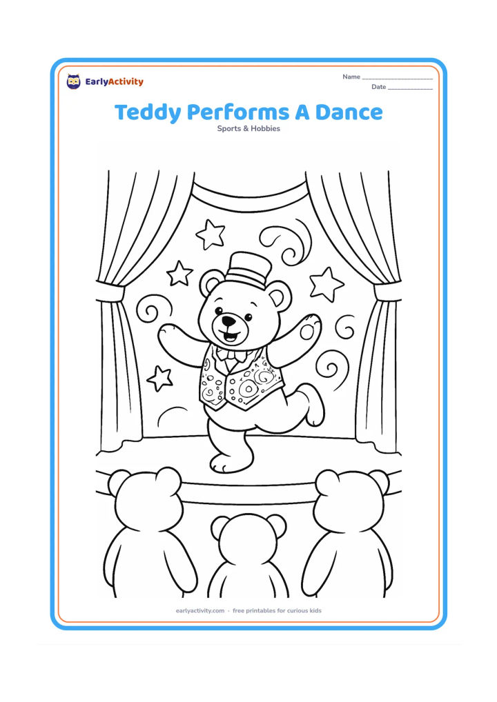 Colouring page: A teddy bear performs a joyful dance on a small stage wearing a decorated waistcoat and hat, with curtains, music-note-shaped blank decorations replaced by stars and swirls, and two…