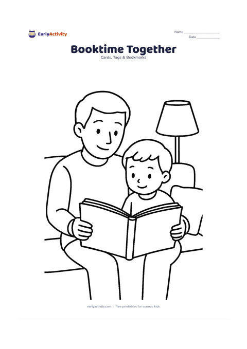 Worksheet: Draw a father and young child sitting side by side while holding a large open book between them. Add one lamp and two simple cushions, leaving the book pages blank.