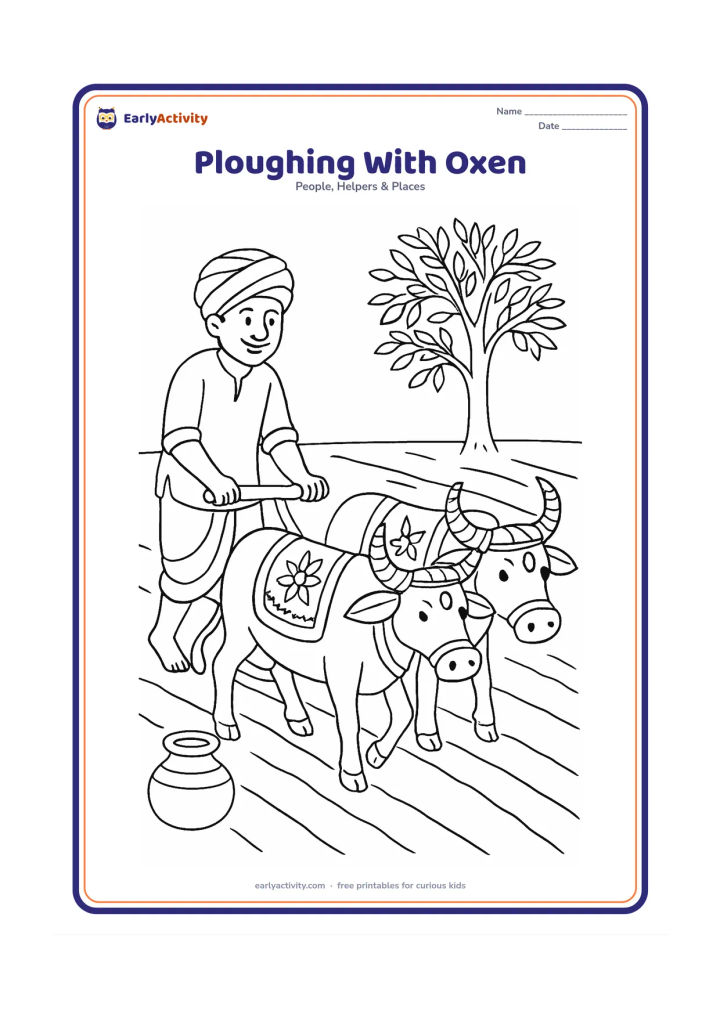 Colouring page: An Indian farmer guides a simple wooden plough pulled by two decorated oxen through a field. Add parallel furrows, a water pot, and a neem-like tree at the edge.