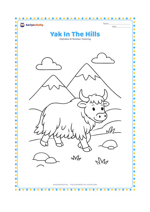 Colouring page: Draw a friendly yak walking along a Himalayan hillside with two layered mountain peaks, a few rocks, and sparse grass.