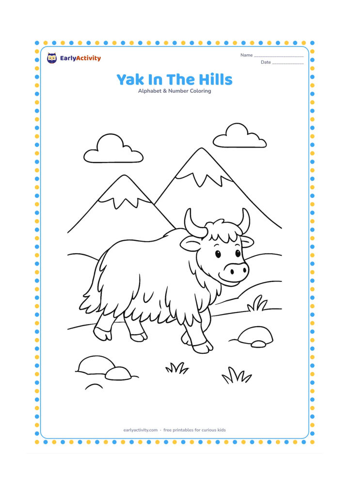 Colouring page: Draw a friendly yak walking along a Himalayan hillside with two layered mountain peaks, a few rocks, and sparse grass.