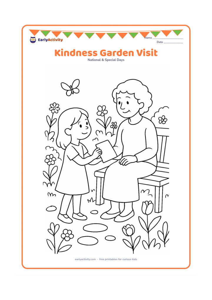 Colouring page: A child visits an older aunt or guardian in a flower garden and offers a handmade blank card. Add a bench, flowering plants, stepping stones and a butterfly, with no writing on the card.