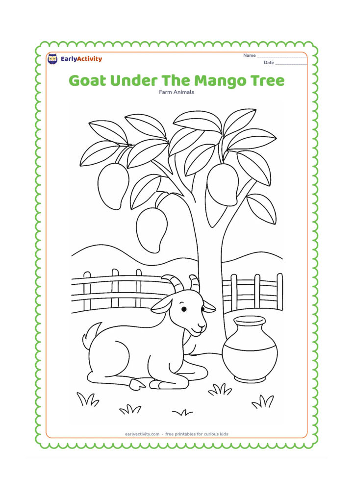 Colouring page: Draw a goat resting beneath a broad mango tree in an Indian farmyard, with a few large mangoes, a clay water pot, and a low woven fence. Keep the goat's cloven hooves visible.