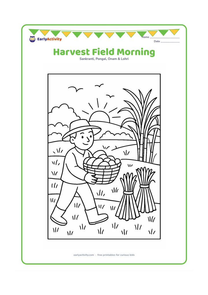 Colouring page: A farmer carries a basket through a harvested field at a cool morning sunrise, with bundled crop stalks, a sugarcane patch, distant trees, and birds overhead.