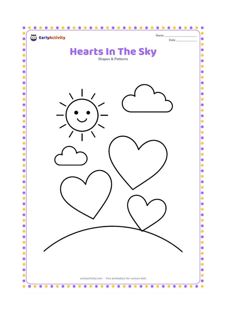Colouring page: Show three large hearts floating above a simple hill, with a smiling sun and two soft clouds in the background.