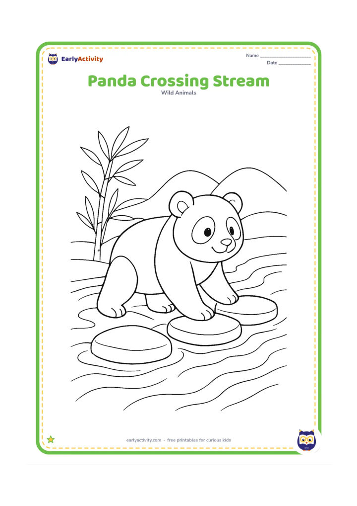 Colouring page: Draw a panda stepping across three large flat stones in a shallow mountain stream. Include curved water lines, a bamboo plant and distant rounded hills.