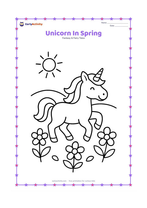 Colouring page: Draw one prancing unicorn among three large spring flowers and simple rounded leaves, with a small sun above a low hill. Show one front leg lifted.