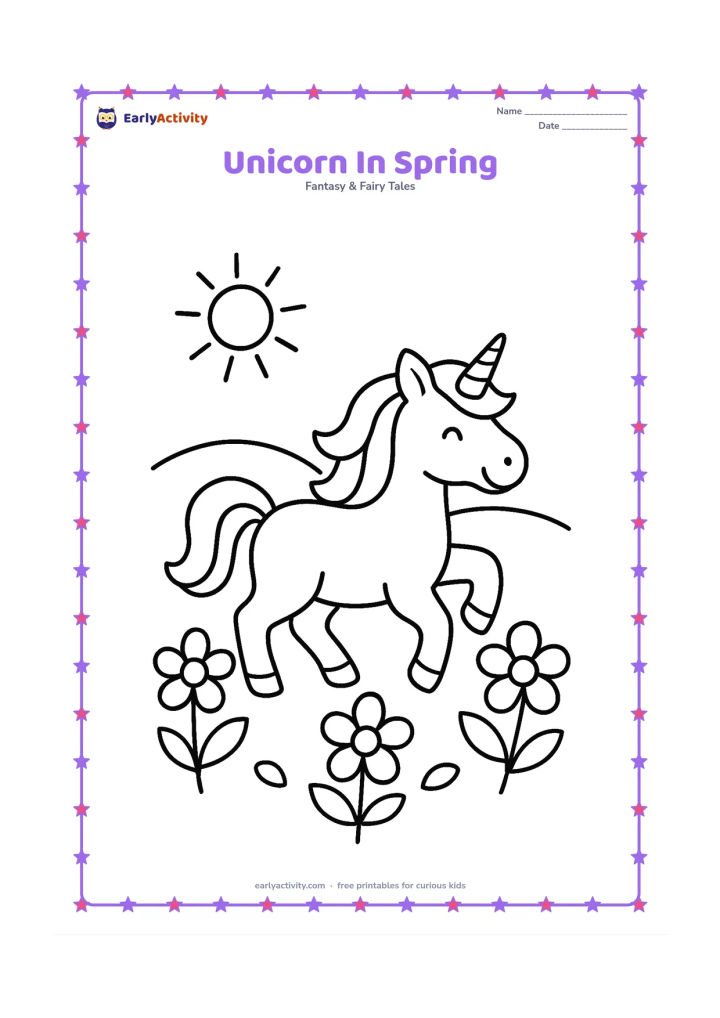 Colouring page: Draw one prancing unicorn among three large spring flowers and simple rounded leaves, with a small sun above a low hill. Show one front leg lifted.