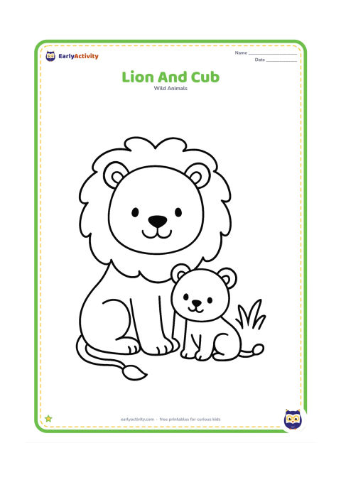 Colouring page: A large lion sits beside a small cub that leans against its front leg. Give the cub a simple round face and tiny tail, with one low grass clump behind them.