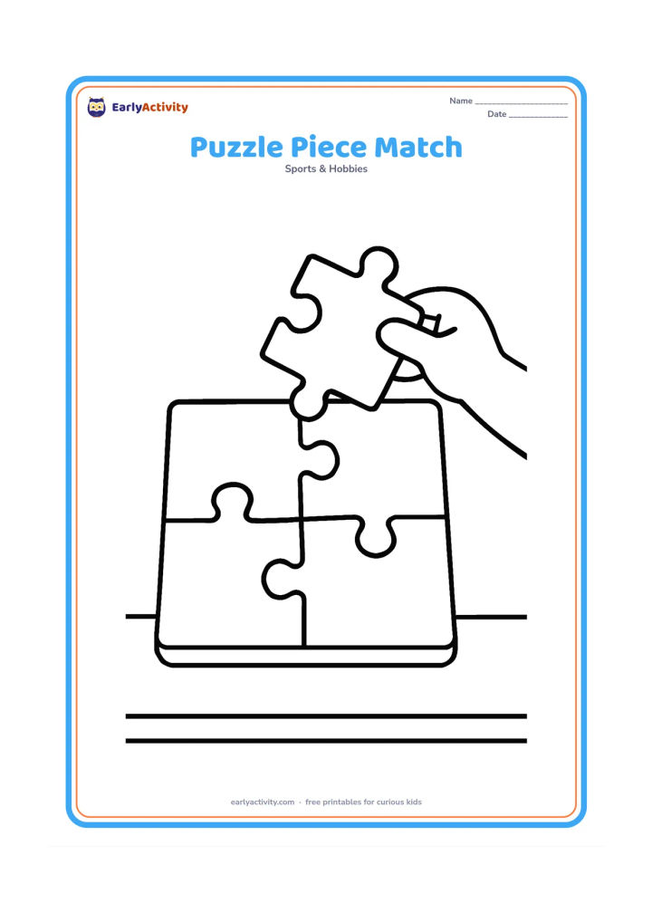 Colouring page: A large four-piece jigsaw puzzle on a table, with one piece positioned just above its matching space. Include a child's hand holding the piece.