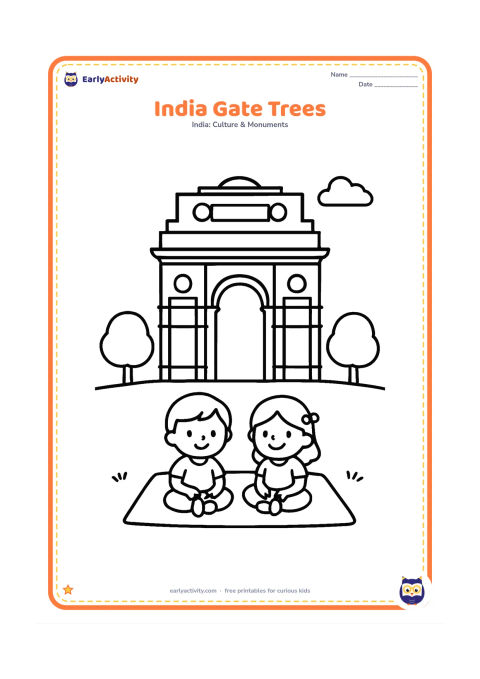 Colouring page: Show India Gate from the front with its broad arch and open sky, flanked by two round-canopy trees and a neat grassy ground. Add two children sitting on a picnic mat in the foreground.